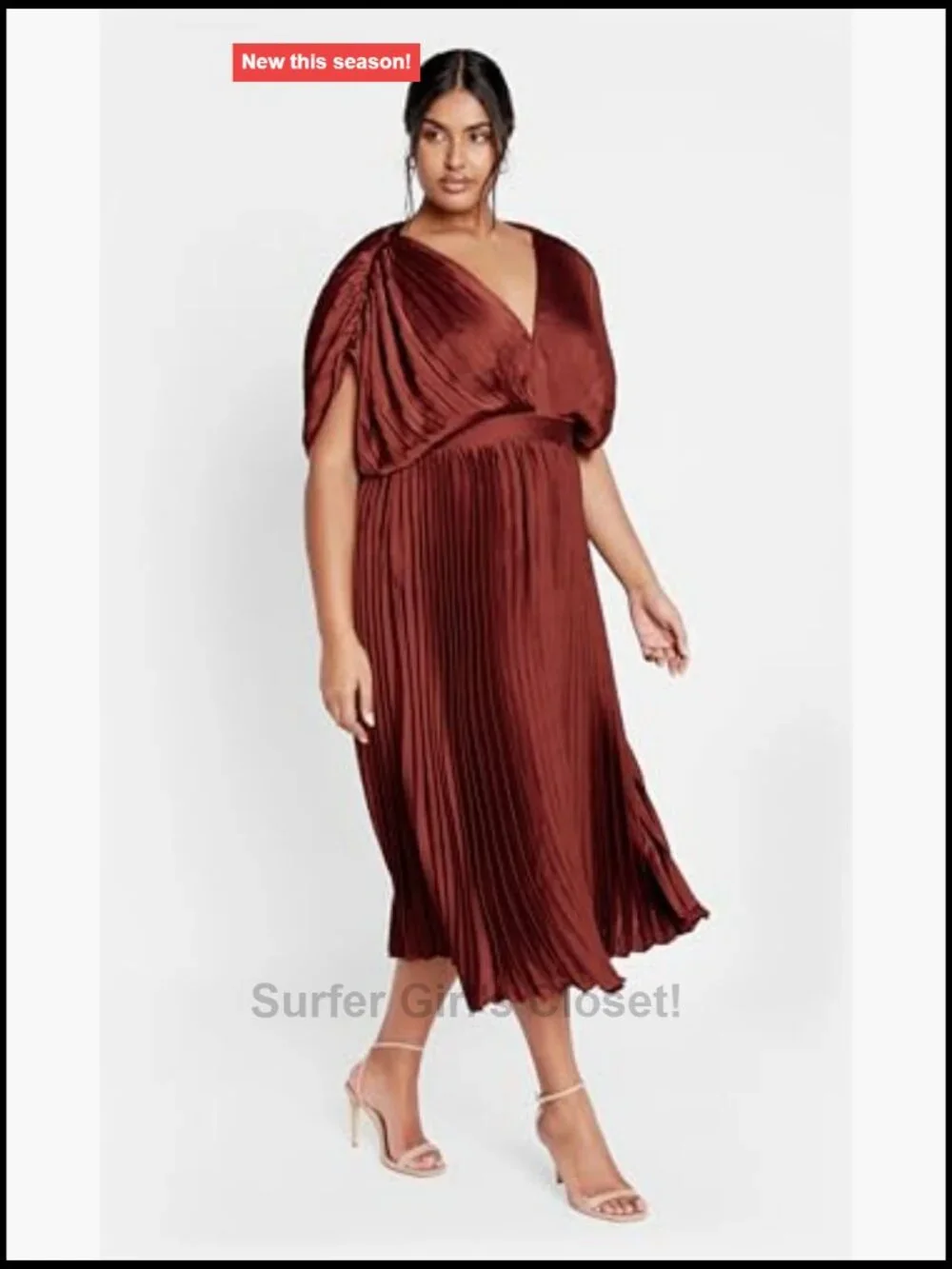 Plus Size Cocktail Dress Midi Satin Pleated V-Neck Sleeveless